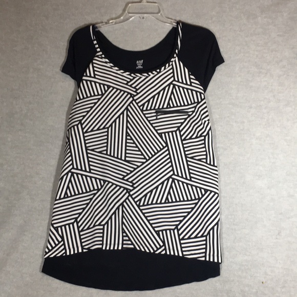 A.N.A. “A New Approach” Geometric Print & Contrasting Solid Cap Sleeve HiLo Hem - Picture 1 of 16